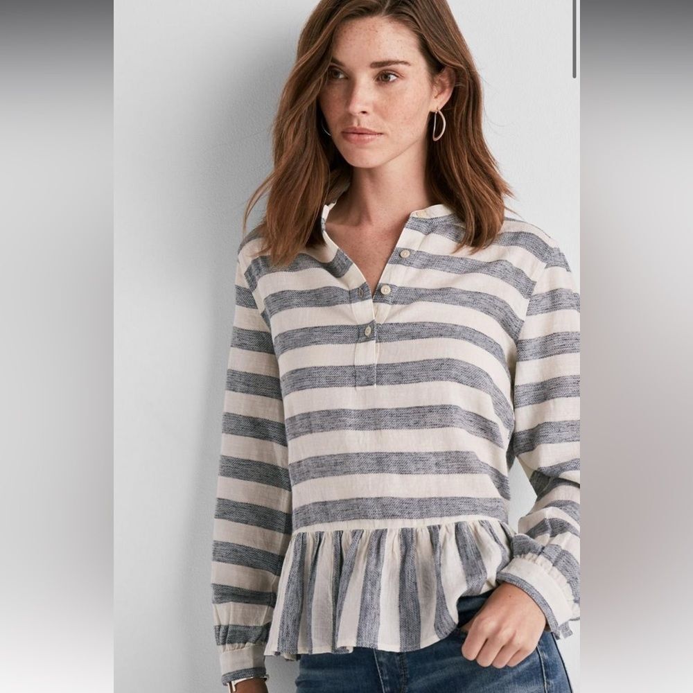 Lucky Brand Long Sleeve Striped Peplum Ruffle Top Size Medium Feels like Linen